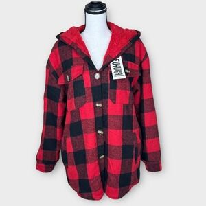 NWT Buffalo Plaid Hooded Sherpa Lined Barn Shirt Jacket Red Black Womens‎ Small